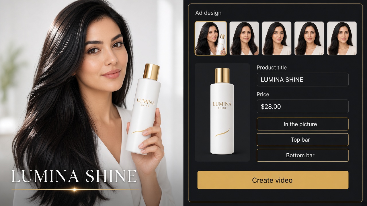 A finished Lumina Shine shampoo commercial beside the editor: presenter, product title, price, and Create video