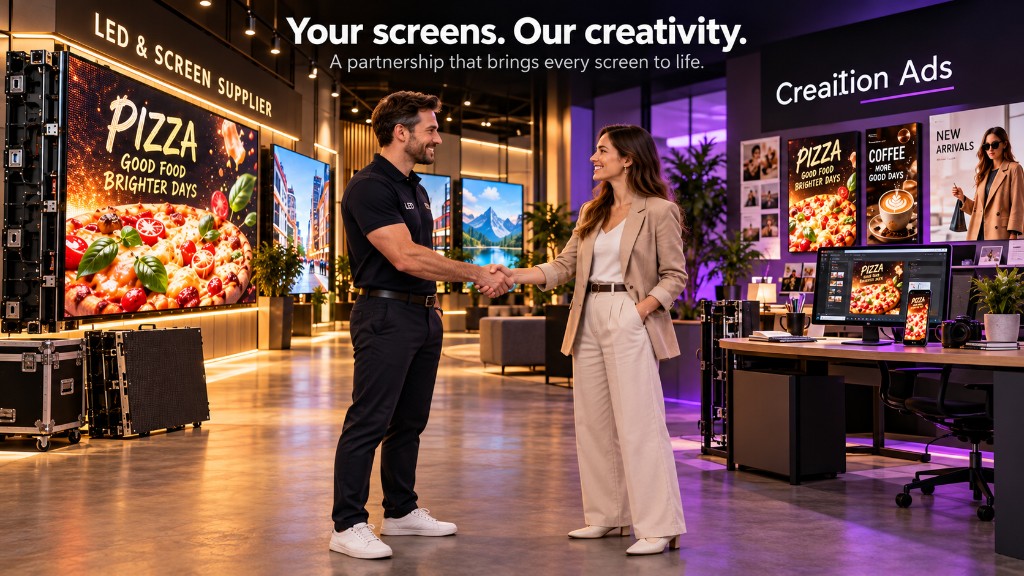 An LED supplier and Creaition Ads shake hands. Your screens, our creativity.