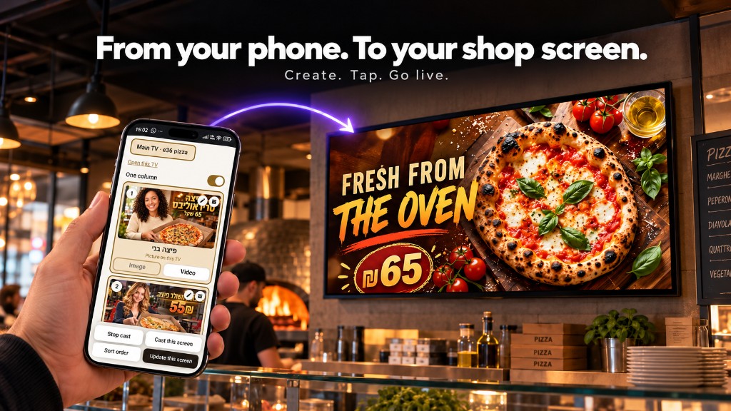 A phone sends the pizza campaign to a television on the wall of the shop